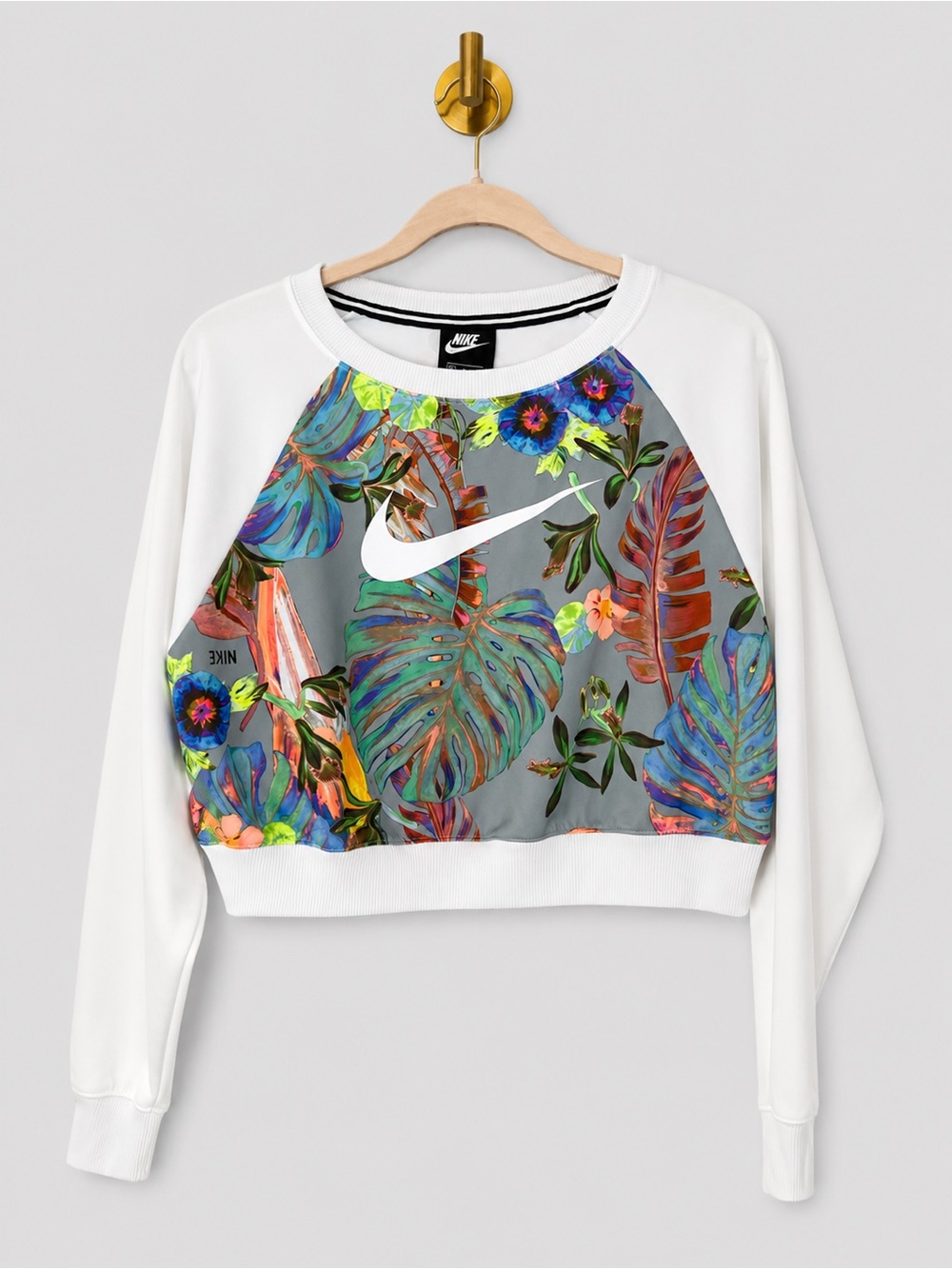 Nike Sportswear Tropical Floral Cropped Sweatshirt White Gray Crewneck Pullover